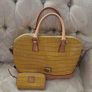 Yellow Crocodile-Embossed Handbag and Wallet Set